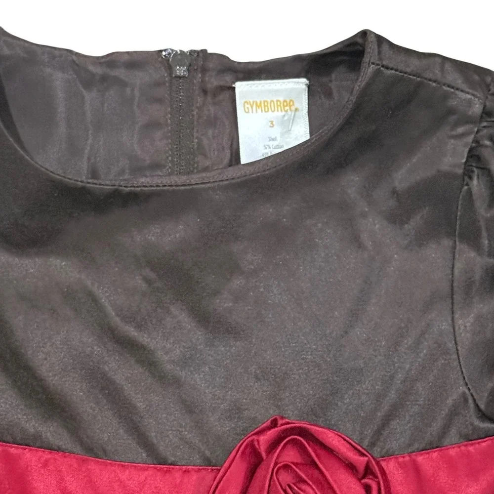 VTG Gymboree Girls Brown Taffeta Dress Red Rosette Sash Holiday Wedding Sz 3